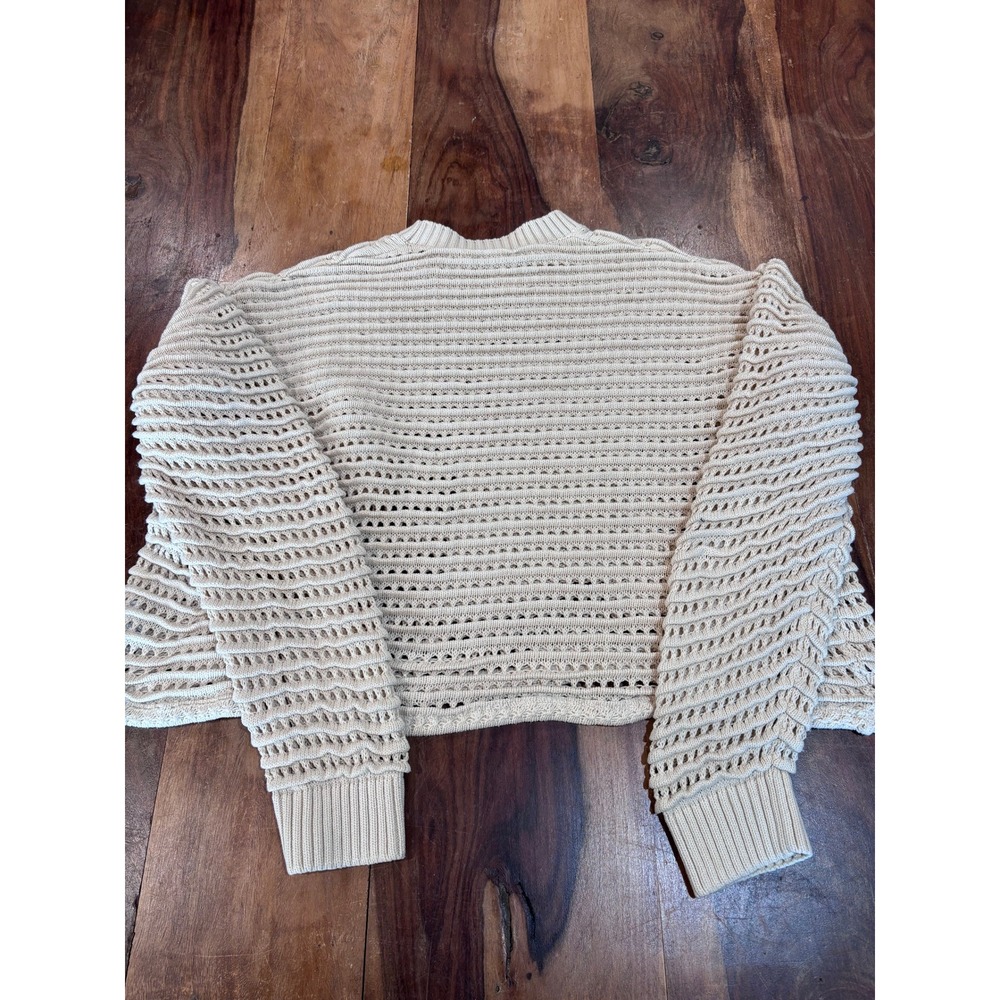 ZARA open knit pointelle sweater women L-XL cream cropped cotton long sleeve